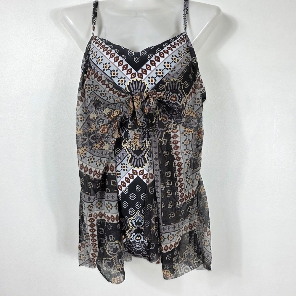 Swim Suit Women Black Grey Blue Geometric Print Mesh Overlay Cover Up Large New‎